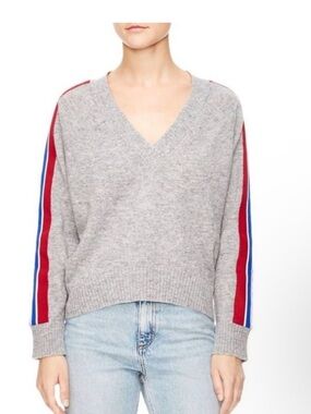 Sandro V-Neck Grey Sweater with Red & Blue Stripe Sleeve